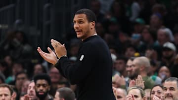 Nov 1, 2025; Boston, Massachusetts, USA; Boston Celtics head coach Joe Mazzulla reacts during the first half against the Houston Rockets at TD Garden. Mandatory Credit: Paul Rutherford-Imagn Images