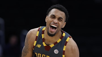 Mar 13, 2024; Washington, D.C., USA; Boston College Eagles guard Claudell Harris Jr. (1) celebrates after making a three point field goal against the Clemson Tigers in the second half at Capital One Arena. Mandatory Credit: Geoff Burke-Imagn Images