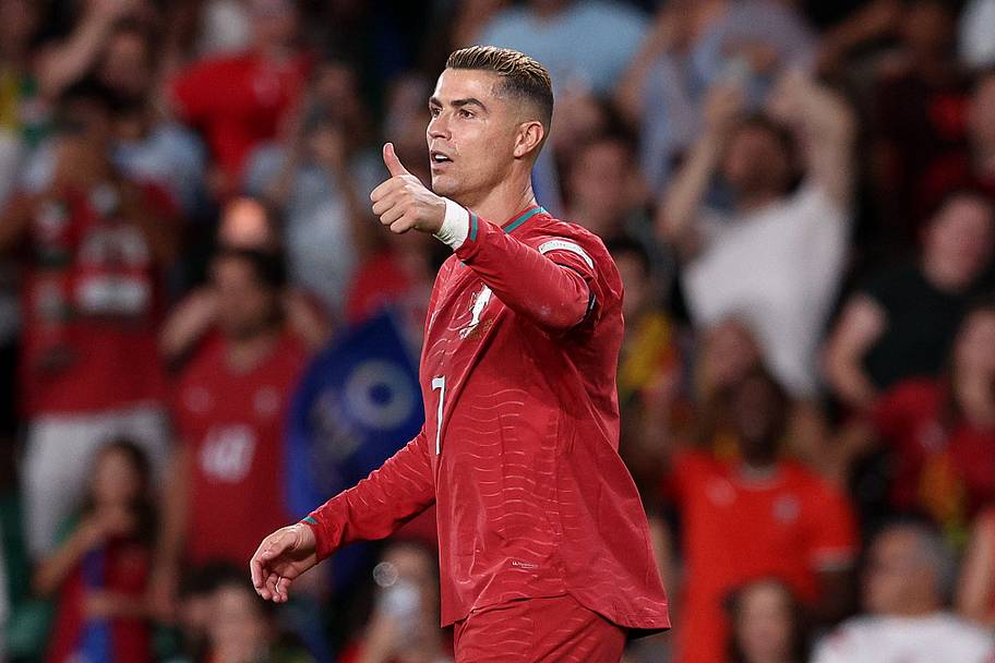Cristiano Ronaldo of Portugal celebrates scoring a goal which is later disallowed during the UEFA Nations League.