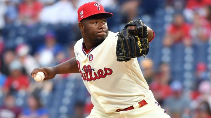 Jul 4, 2021; Philadelphia, Pennsylvania, USA;  Philadelphia Phillies relief pitcher Hector Neris (50) throws a pitch during the ninth inning against the San Diego Padres at Citizens Bank Park