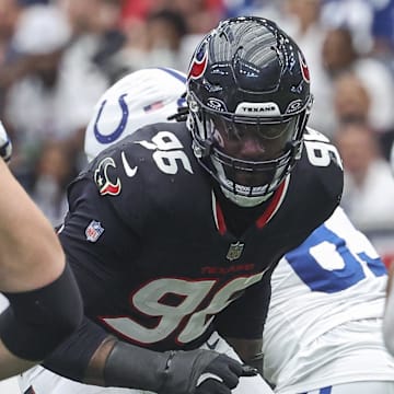 Oct 27, 2024; Houston, Texas, USA; Houston Texans defensive end Denico Autry (96) in action during the game against the Indianapolis Colts at NRG Stadium. Mandatory Credit: Troy Taormina-Imagn Images