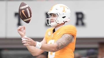 Tennessee quarterback Joey Aguilar (6) warms up before a college football game between Tennessee and ETSU at Neyland Stadium in Knoxville, Tennessee, on August 30, 2025.