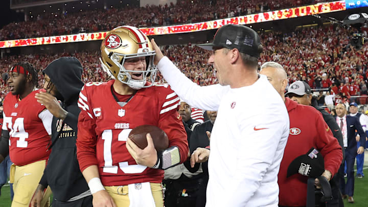 San Francisco 49ers quarterback Brock Purdy (L) and head coach Kyle Shanahan (R)