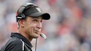 Sep 21, 2014; Foxborough, MA, USA; Oakland Raiders head coach Dennis Allen looks on during the second half of their 16-9 loss to the New England Patriots at Gillette Stadium. Mandatory Credit: Winslow Townson-Imagn Images