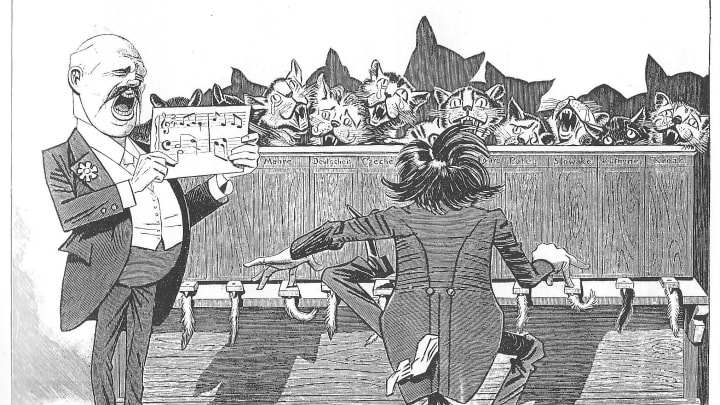 Illustration of a katzenklavier from the satirical magazine 'Kladderadatsch' circa 1897.