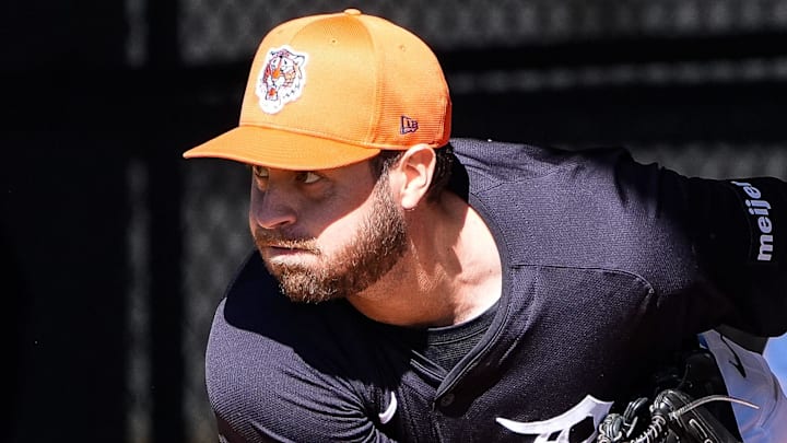 Detroit Tigers pitcher Jason Foley works out during spring training at TigerTown in Lakeland, Fla. on Monday, Feb. 17, 2025