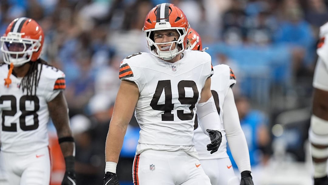 Aug 8, 2025; Charlotte, North Carolina, USA; Cleveland Browns linebacker Carson Schwesinger (49) during the first quarter against the Carolina Panthers at Bank of America Stadium. Mandatory Credit: Jim Dedmon-Imagn Images