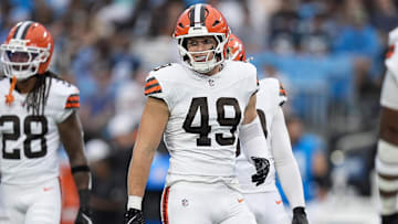 Aug 8, 2025; Charlotte, North Carolina, USA; Cleveland Browns linebacker Carson Schwesinger (49) during the first quarter against the Carolina Panthers at Bank of America Stadium. Mandatory Credit: Jim Dedmon-Imagn Images