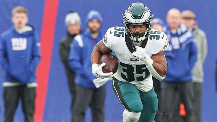 Dec 11, 2022; East Rutherford, New Jersey, USA; Philadelphia Eagles running back Boston Scott (35) gains yards after the catch during the first quarter against the New York Giants at MetLife Stadium. Mandatory Credit: Vincent Carchietta-Imagn Images