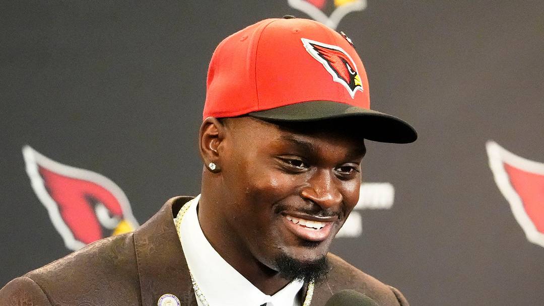 The Arizona Cardinals introduce their first-round draft pick running back Jeremiyah Love during a press conference at the Cardinals Dignity Health training facility on April 24, 2026, in Tempe, Ariz.