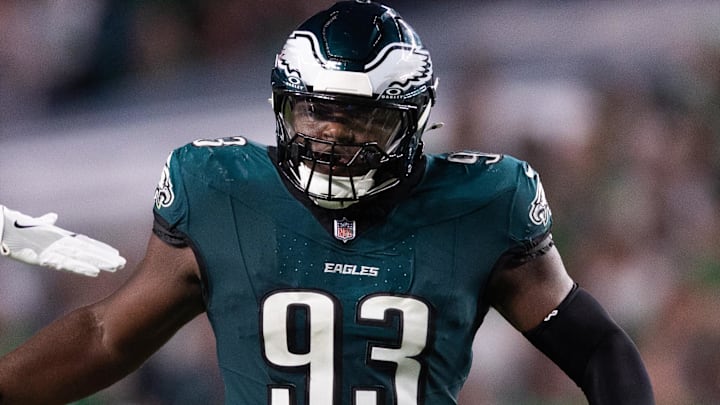 Sep 16, 2024; Philadelphia, Pennsylvania, USA; Philadelphia Eagles defensive tackle Milton Williams (93) in a game against the Atlanta Falcons during the third quarter at Lincoln Financial Field. Mandatory Credit: Bill Streicher-Imagn Images
