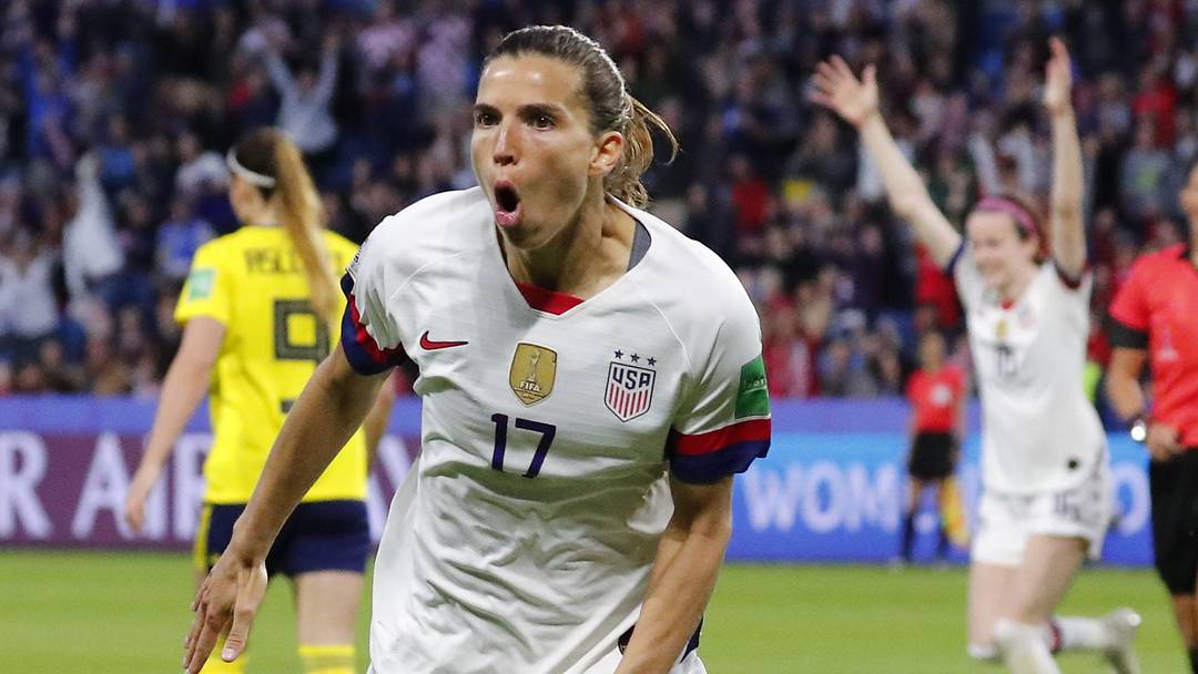 Jun 20, 2019; Le Havre, FRANCE; United States forward Tobin Heath (17) celebrates after scoring a goal against Sweden during the second half in group stage play in the FIFA Women's World Cup France 2019 at Stade Oceane. 