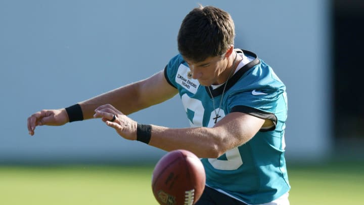 Jacksonville Jaguars place kicker Riley Patterson (38) works on his kicking during the fourth day of the NFL football training camp practice session Saturday, July 27, 2024 at EverBank Stadium's Miller Electric Center in Jacksonville, Fla.