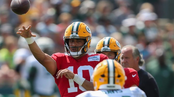 Green Bay Packers quarterback Jordan Love throws the ball at training camp on Saturday.