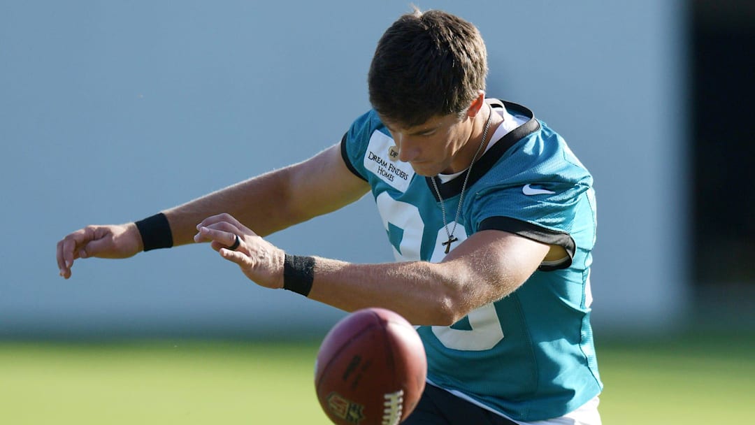 Jacksonville Jaguars place kicker Riley Patterson (38) works on his kicking during the fourth day of the NFL football training camp practice session Saturday, July 27, 2024 at EverBank Stadium's Miller Electric Center in Jacksonville, Fla.. [Bob Self/Florida Times-Union]