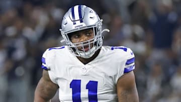 Sep 27, 2021; Arlington, Texas, USA; Dallas Cowboys linebacker Micah Parsons (11) reacts during the game against the Philadelphia Eagles at AT&T Stadium. Mandatory Credit: Kevin Jairaj-Imagn Images