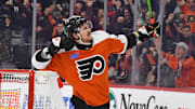 Jan 4, 2024; Philadelphia, Pennsylvania, USA;  Philadelphia Flyers right wing Travis Konecny (11) celebrates his goal against the Columbus Blue Jackets during the first period at Wells Fargo Center. Mandatory Credit: Eric Hartline-USA TODAY Sports