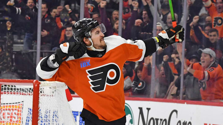 Jan 4, 2024; Philadelphia, Pennsylvania, USA;  Philadelphia Flyers right wing Travis Konecny (11) celebrates his goal against the Columbus Blue Jackets during the first period at Wells Fargo Center. Mandatory Credit: Eric Hartline-USA TODAY Sports