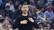 Nov 29, 2025; San Francisco, California, USA;  New Orleans Pelicans head coach James Borrego gestures during the first quarter against the Golden State Warriors at Chase Center. Mandatory Credit: John Hefti-Imagn Images