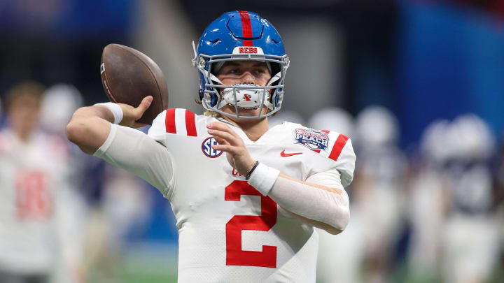 Dec 30, 2023; Atlanta, GA, USA; Mississippi Rebels quarterback Jaxson Dart (2) prepares for a game against the Penn State Nittany Lions at Mercedes-Benz Stadium. Mandatory Credit: Brett Davis-USA TODAY Sports