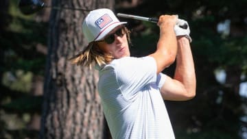 Trevor Lawrence hits a tee shot on the 4 hole during the first round of the American Century Celebrity Championship golf tournament at Edgewood Tahoe Golf Course in Stateline, Nev., Friday, July 12, 2024.