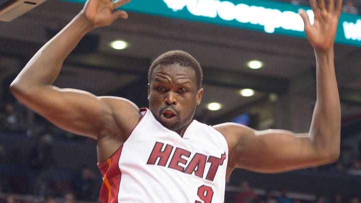 Mar 12, 2016; Toronto, Ontario, CAN; Miami Heat forward Luol Deng (9) scores a basket during the second quarter in a game against the Toronto Raptors at Air Canada Centre. The Toronto Raptors won 112-104. Mandatory Credit: Nick Turchiaro-USA TODAY Sports