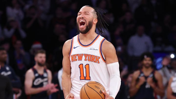 Dec 25, 2025; New York, New York, USA; New York Knicks guard Jalen Brunson (11) reacts during the fourth quarter against the Cleveland Cavaliers at Madison Square Garden. Mandatory Credit: Vincent Carchietta-Imagn Images