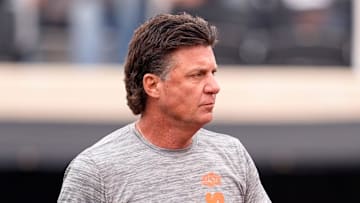 Oklahoma State head football coach Mike Gundy watches warm ups before the first half the college football game between the Oklahoma State Cowboys and the Arizona State Sun Devils at Boone Pickens Stadium in Stillwater, Okla., Saturday, Nov., 2, 2024.