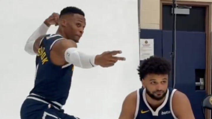 Denver Nuggets teammates Russell Westbrook and Jamal Murray pose in a photoshoot. Denver Nuggets teammates Russell Westbrook and Jamal Murray pose in a photoshoot.
