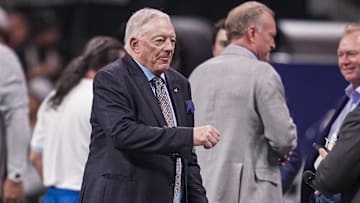 Nov 3, 2024; Atlanta, Georgia, USA; Dallas Cowboys team owner and general manager Jerry Jones shown on the field prior to the game against the Atlanta Falcons at Mercedes-Benz Stadium. Mandatory Credit: Dale Zanine-Imagn Images