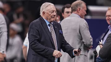 Nov 3, 2024; Atlanta, Georgia, USA; Dallas Cowboys team owner and general manager Jerry Jones shown on the field prior to the game against the Atlanta Falcons at Mercedes-Benz Stadium. Mandatory Credit: Dale Zanine-Imagn Images