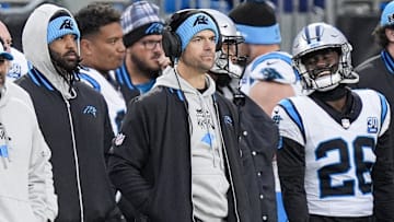 Dec 15, 2024; Charlotte, North Carolina, USA; Carolina Panthers head coach Dave Canales during the second half against the Dallas Cowboys at Bank of America Stadium. Mandatory Credit: Jim Dedmon-Imagn Images