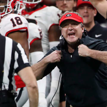 Georgia coach Kirby Smart argues a call with the ref during the second half of the SEC Championship game against Alabama at Mercedes-Benz Stadium in Atlanta, on Saturday, Dec. 2, 2023. Alabama won 27-24.