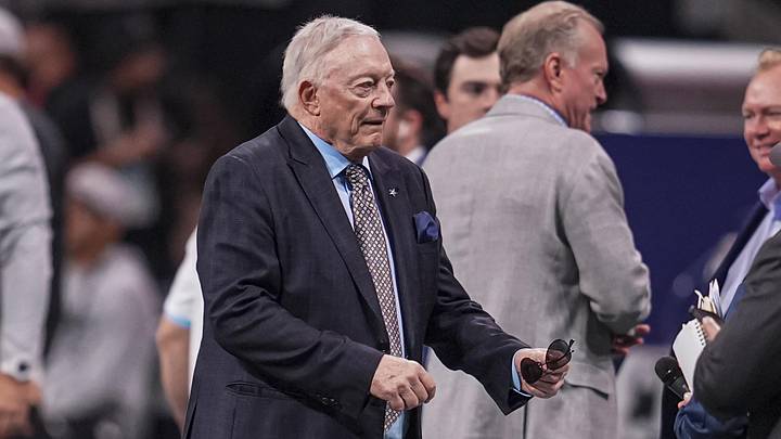 Nov 3, 2024; Atlanta, Georgia, USA; Dallas Cowboys team owner and general manager Jerry Jones shown on the field prior to the game against the Atlanta Falcons at Mercedes-Benz Stadium. Mandatory Credit: Dale Zanine-Imagn Images