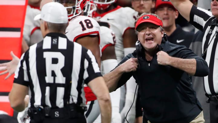 Georgia coach Kirby Smart argues a call with the ref during the second half of the SEC Championship game against Alabama at Mercedes-Benz Stadium in Atlanta, on Saturday, Dec. 2, 2023. Alabama won 27-24.