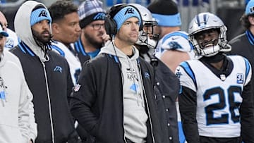 Dec 15, 2024; Charlotte, North Carolina, USA; Carolina Panthers head coach Dave Canales during the second half against the Dallas Cowboys at Bank of America Stadium. Mandatory Credit: Jim Dedmon-Imagn Images