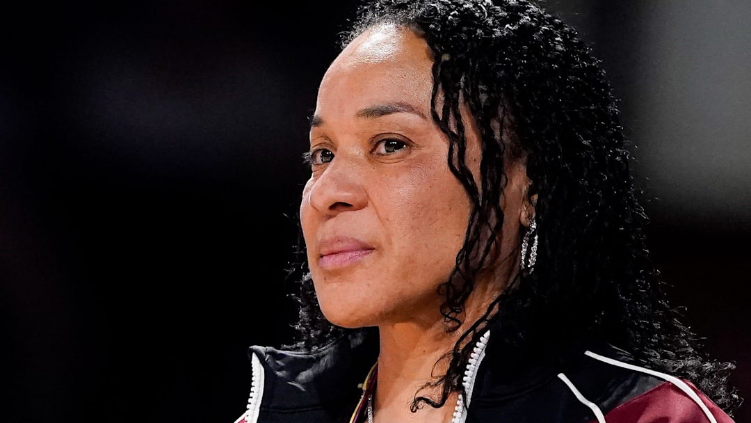 South Carolina head coach Dawn Staley watches her team face Vanderbilt during the first quarter at Memorial Gym in Nashville, Tenn., Sunday, Feb. 23, 2025.