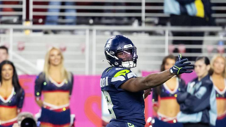 Feb 8, 2026; Santa Clara, CA, USA; Seattle Seahawks running back Kenneth Walker III (9) scores a touchdown against the New England Patriots during Super Bowl LX at Levi's Stadium. Mandatory Credit: Mark J. Rebilas-Imagn Images