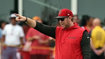Jul 25, 2024; Tampa, FL, USA;  Tampa Bay Buccaneers offensive coordinator Liam Coen during training camp at AdventHealth Training Center. 
