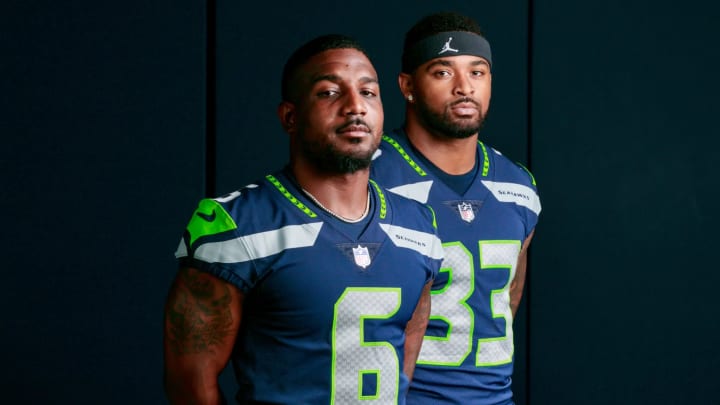 Safeties Quandre Diggs (6) and recently signed Tennessee Titan Jamal Adams (33) are photographed at Virginia Mason Athletic Center. 2022 (Erika Schultz / The Seattle Times)