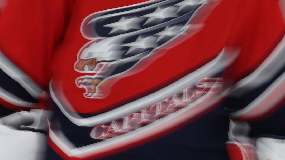 Feb 23, 2021; Washington, District of Columbia, USA; A view of the Washington Capitals reverse retro jersey logo  during warmups prior to the Capitals' game against the Pittsburgh Penguins at Capital One Arena. Mandatory Credit: Geoff Burke-Imagn Images