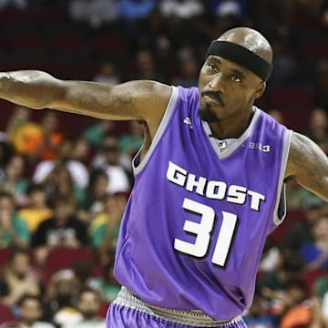 Jun 22, 2018; Houston, TX, USA; Ghost Ballers Ricky Davis (31) reacts after scoring a basket during the game against the 3 Headed Monsters at Toyota Center.