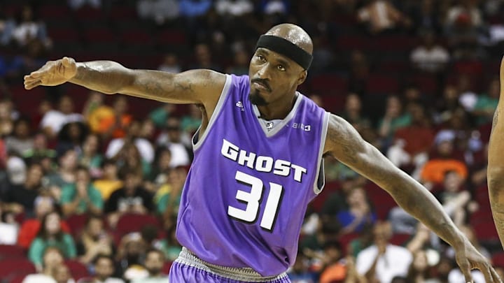 Jun 22, 2018; Houston, TX, USA; Ghost Ballers Ricky Davis (31) reacts after scoring a basket during the game against the 3 Headed Monsters at Toyota Center.