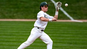 Michigan State's Ryan McKay fields a ball for an out against Ohio State during the fifth inning on Friday, April 18, 2025, at McLane Stadium in East Lansing.