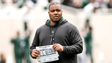 Michigan State assistant head coach Keith Bhonapha looks on during the Spring Showcase on Saturday, April 20, 2024, at Spartan Stadium in East Lansing.