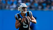 Nov 9, 2025; Charlotte, North Carolina, USA;  Carolina Panthers quarterback Bryce Young (9) looks to pass during the third quarter against the New Orleans Saints at Bank of America Stadium. Mandatory Credit: Jim Dedmon-Imagn Images