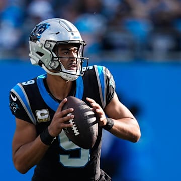 Nov 9, 2025; Charlotte, North Carolina, USA;  Carolina Panthers quarterback Bryce Young (9) looks to pass during the third quarter against the New Orleans Saints at Bank of America Stadium. Mandatory Credit: Jim Dedmon-Imagn Images