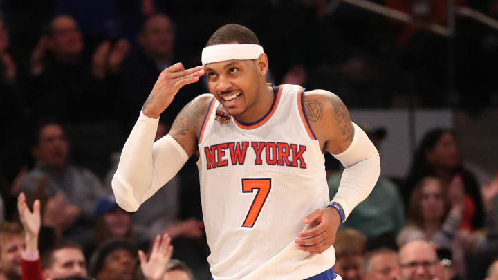 Nov 20, 2016; New York, NY, USA;  New York Knicks forward Carmelo Anthony (7) gestures after a three point basket during the fourth quarter against the Atlanta Hawks at Madison Square Garden. New York Knicks won 104-94. Mandatory Credit: Anthony Gruppuso-USA TODAY Sports