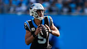 Nov 9, 2025; Charlotte, North Carolina, USA;  Carolina Panthers quarterback Bryce Young (9) looks to pass during the third quarter against the New Orleans Saints at Bank of America Stadium. Mandatory Credit: Jim Dedmon-Imagn Images