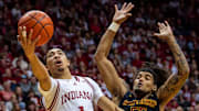 Indiana's Myles Rice (1) shoots in front of Winthrop's Bryce Baker (55) during the Indiana versus Winthrop men's basketball game at Simon Skjodt Assembly Hall on Sunday, Dec. 29, 2024.